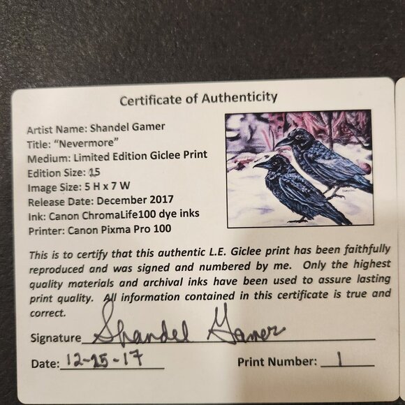 Crow, Crows Giclee Picture "Nevermore" Signed Shandel Numbered - Picture 4 of 4